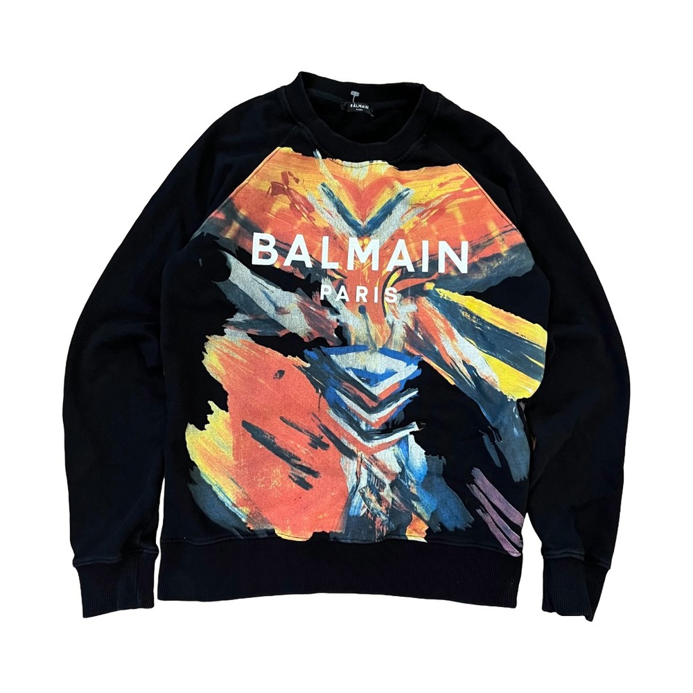 Balmain Painted Abstract Mens Pullover Crew Neck Logo Sweatshirt Black Small